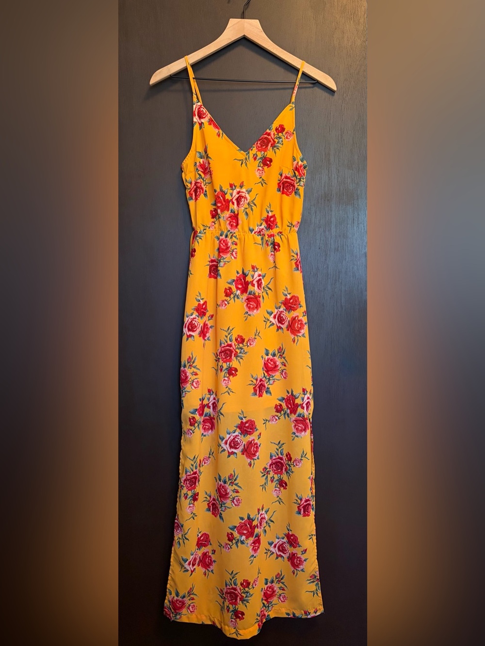 Floral Yellow Maxi Slip Dress with Spaghetti Straps